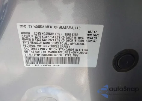 2017 Honda Pilot Ex-L z USA, uszkodzony, nr VIN 5FNYF5H53HB039130